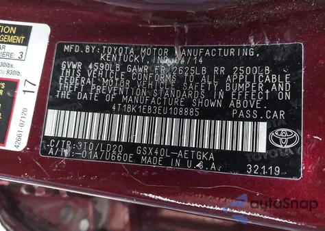 2014 Toyota Avalon Xle из США, поврежденный, VIN 4T1BK1EB3EU108885